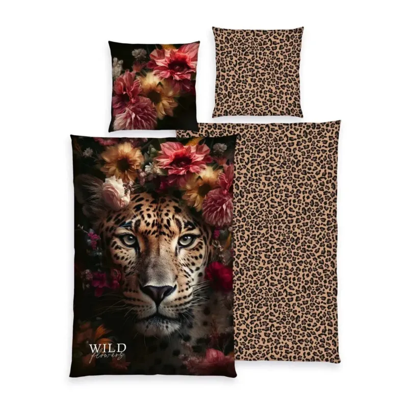 Bettwäsche Renforce Wild Flowers Schwarz mit Leopardenmuster 135 x 200 cm