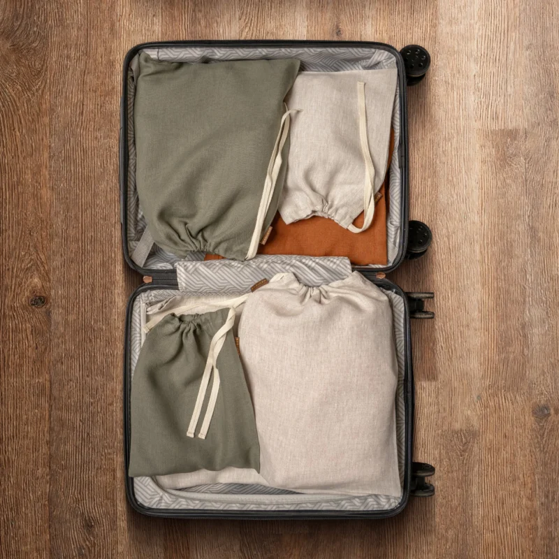 An open suitcase is neatly packed with four cloth drawstring bags of different sizes and colors (two olive green and two light beige) on a wooden surface.