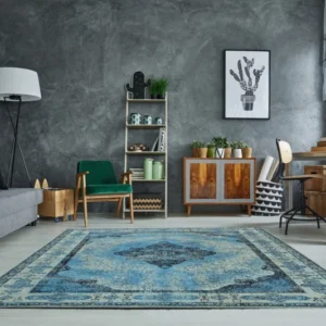 PURE UNIQUE Orientalischer Baumwoll-Teppich 240x160cm blau geometrische Muster