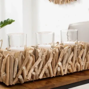 Elegantes Windlicht FOSSIL 50cm Treibholz Kerzenhalter für 3 Kerzen