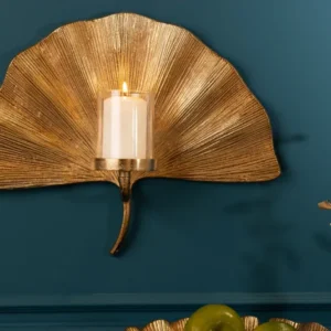 Dekorativer Kerzenhalter GINKGO 44cm gold handmade Metall Wandteelicht