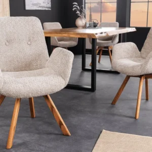 BALTIC Drehbarer Design Stuhl Bouclé natur Eiche Massivholz-Beine mit Armlehne