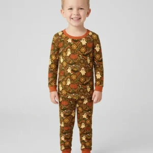 Retro Halloween Ghost Pumpkin Floral Bamboo Two Piece Long Sleeve Pajama Set