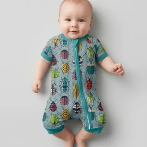 Colorful Beetle Bugs Vintage Blue Bamboo Shorty Zippy
