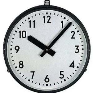Runde Wanduhr mit schwarzem Metallrahmen, weißem Zifferblatt und schwarzen Zeigern