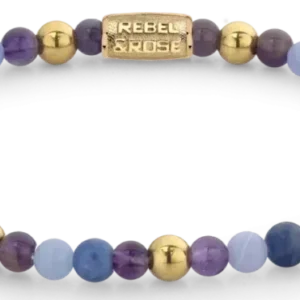 Armband mit Edelsteinperlen: Lila/Violett/Blau, goldfarbene Metallkugeln