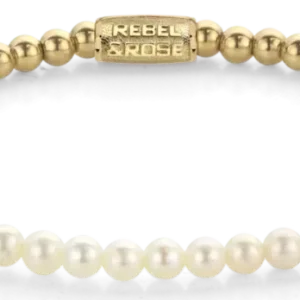 Perlenarmband mit goldfarbenen Kugelperlen und weißen Süßwasserperlen, mit Edelstahlverschluss