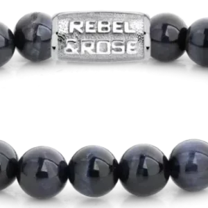 Armband mit dunkelblauen Tigerauge-Perlen (8 mm) und Edelstahlverschluss, Rebel&Rose