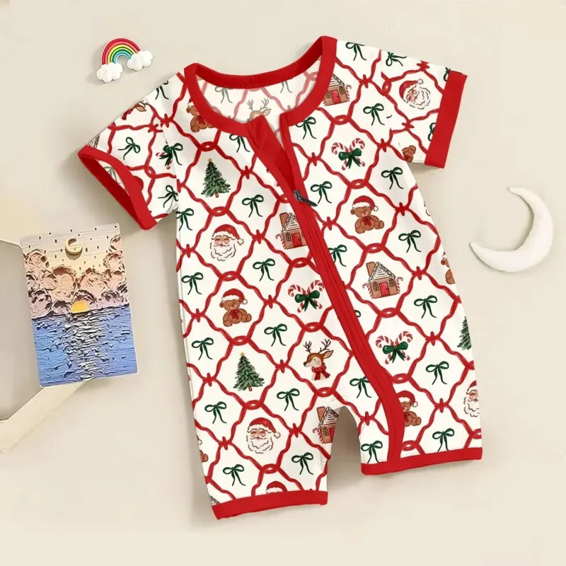 Vintage Christmas Shorty Zippered Romper , Vintage Christmas Shorty Zippered Romper - Newborn