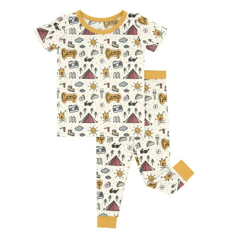 Yellow Camping Two Piece Short Sleeve Pajama Set , Yellow Camping Two Piece Short Sleeve Pajama Set - 12-18M